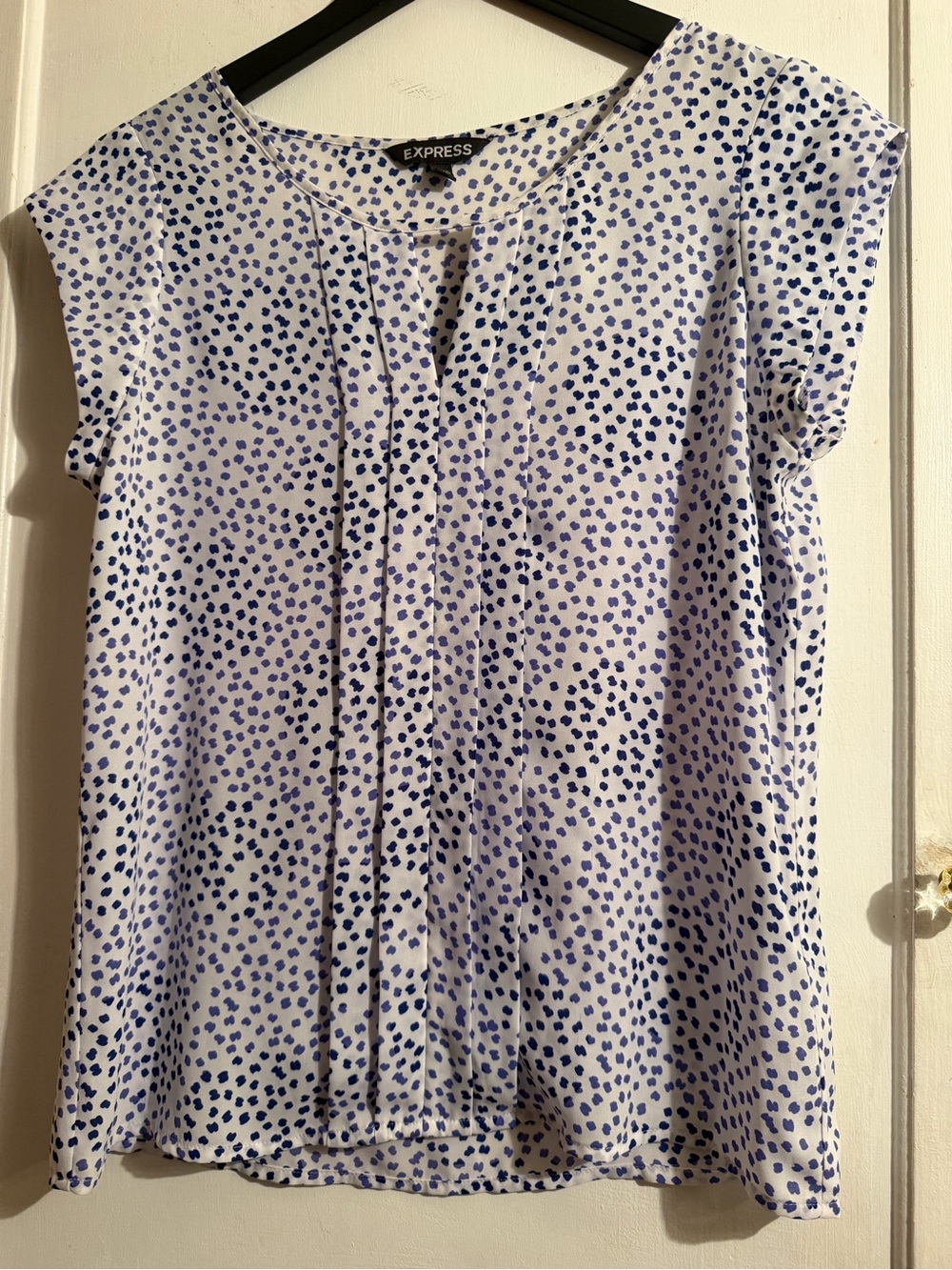 Express White Blouse with Blue Dot Print and Pintuck Front